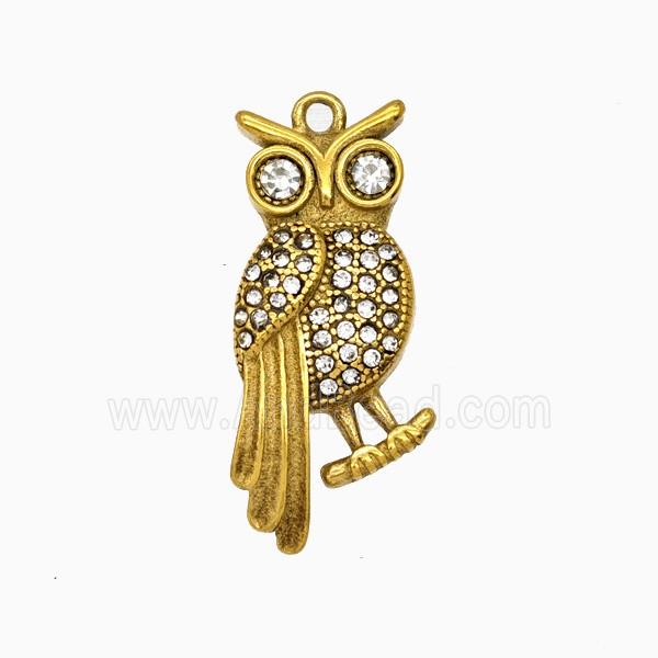 Stainless Steel Owl Pendant Pave Rhinestone Gold Plated