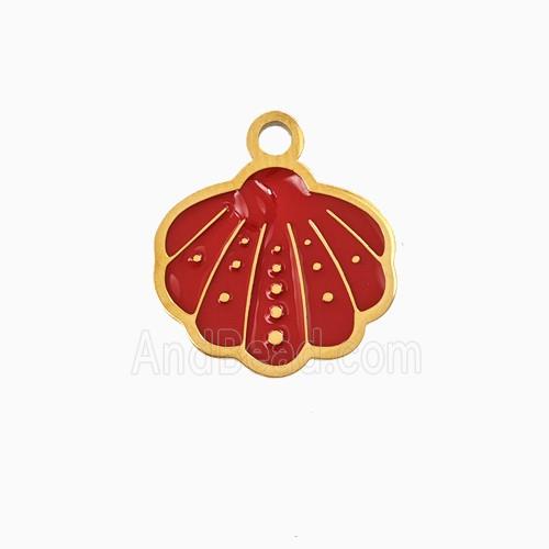 Stainless Steel Scallop Shell Pendant Red Enamel Gold Plated