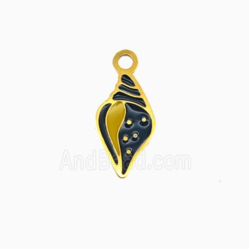 Stainless Steel Conch Shell Pendant Black Enamel Gold Plated
