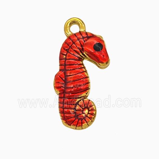 Stainless Steel Seahorse Pendant Red Painted Gold Plated