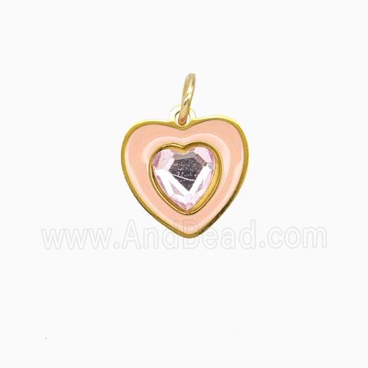 Stainless Steel Heart Pendant Pave Rhinestone Pink Enamel Gold Plated