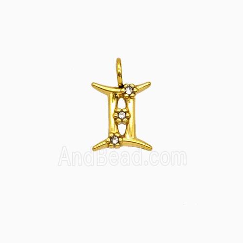 Stainless Steel Pendant Pave Rhinestone Zodiac Gemini Gold Plated