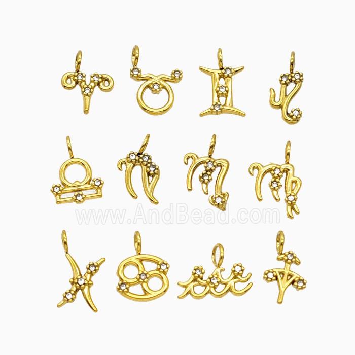 Stainless Steel Zodiac Pendant Pave Rhinestone Gold Plated Mixed