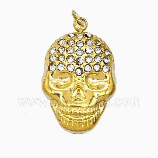 Stainless Steel Skull Pendant Pave Rhinestone Gold Plated