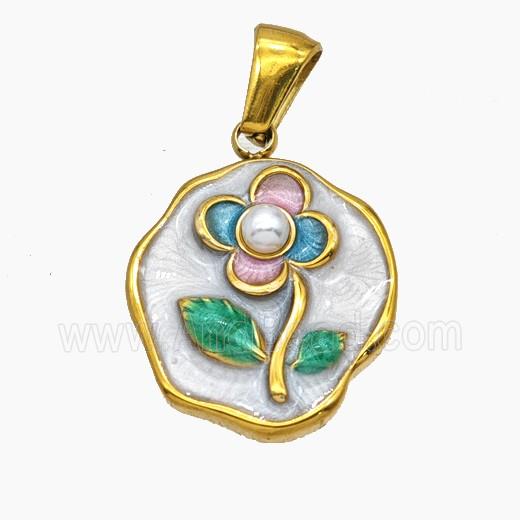 Stainless Steel Flower Pendant Enamel Gold Plated
