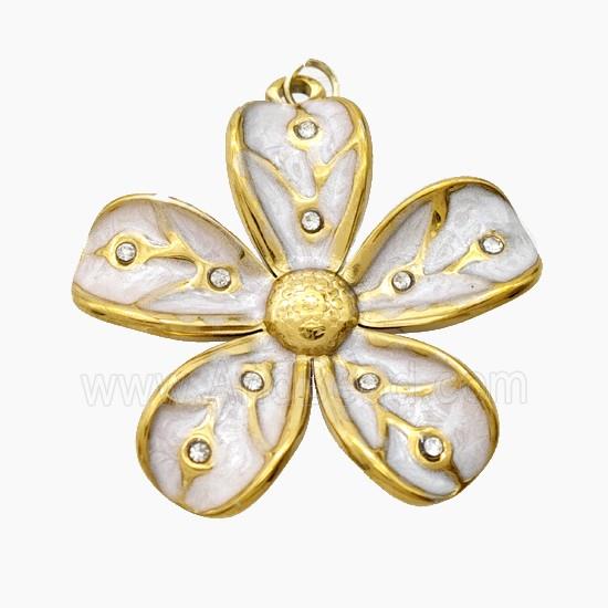 Stainless Steel Flower Pendant Pave Rhinestone Enamel Gold Plated