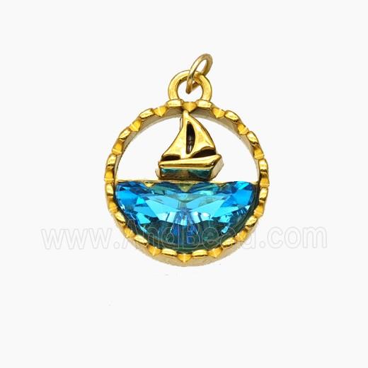 Stainless Steel Sailboat Pendant Pave Crystal Glass Gold Plated