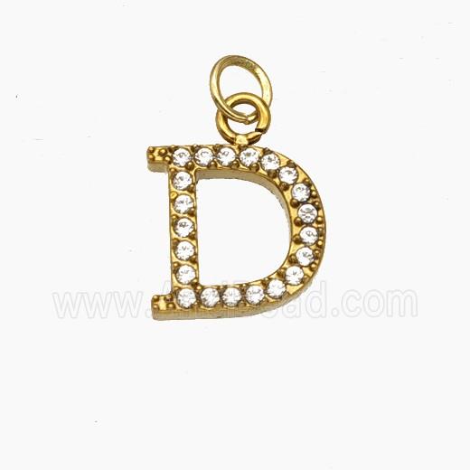 Stainless Steel Letter-D Pendant Pave Rhinestone Gold Plated