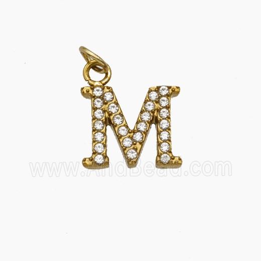 Stainless Steel Letter-M Pendant Pave Rhinestone Gold Plated