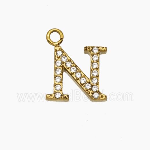 Stainless Steel Letter-N Pendant Pave Rhinestone Gold Plated