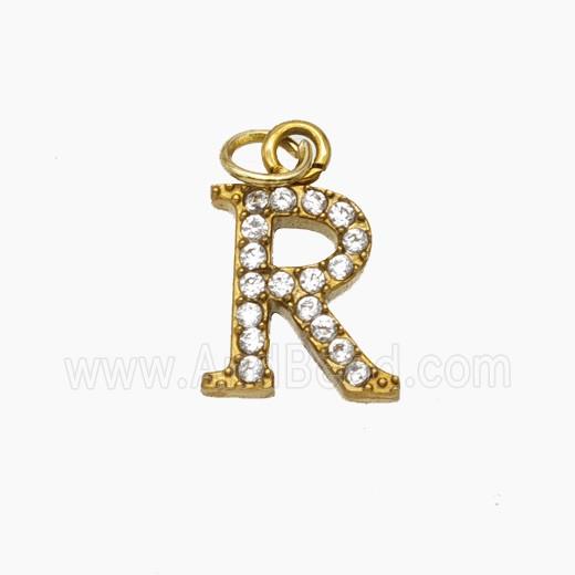 Stainless Steel Letter-R Pendant Pave Rhinestone Gold Plated