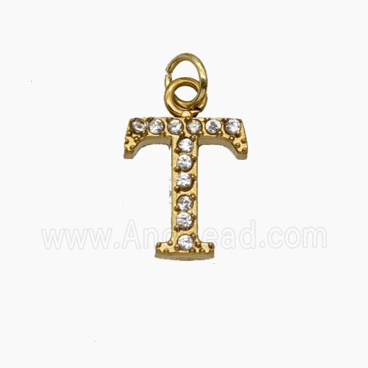 Stainless Steel Letter-T Pendant Pave Rhinestone Gold Plated