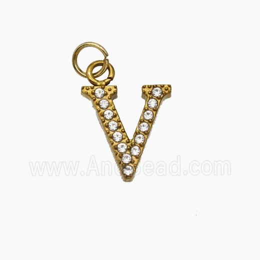 Stainless Steel Letter-V Pendant Pave Rhinestone Gold Plated
