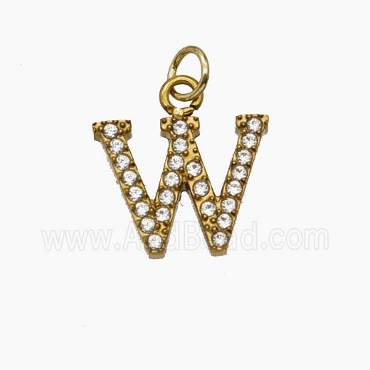 Stainless Steel Letter-W Pendant Pave Rhinestone Gold Plated