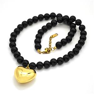 Black Onyx Agate Necklace With Copper Heart, approx 25mm, 8.5mm, 40-45cm length