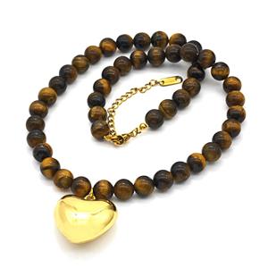 Tiger Eye Stone Necklace With Copper Heart, approx 25mm, 8.5mm, 40-45cm length