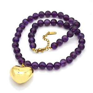Purple Amethyst Necklace With Copper Heart, approx 25mm, 8.5mm, 40-45cm length