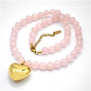 Pink Rose Quartz Necklace With Copper Heart, approx 25mm, 8.5mm, 40-45cm length