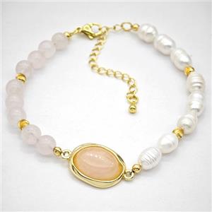 Pink Rose Quartz And Pearl Bracelets Adjustable, approx 14-18mm, 6mm, 50-55mm dia
