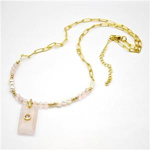 Pink Rose Quartz Pendant Copper Chain Necklaces, approx 13-25mm, 5mm, 50-55cm length