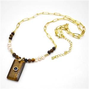 Tiger Eye Stone Pendant Copper Chain Necklaces, approx 13-25mm, 5mm, 50-55cm length