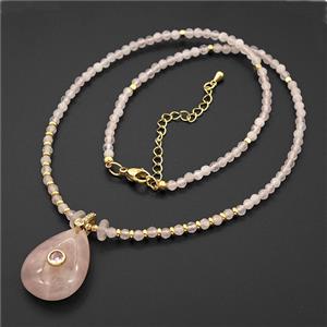 Pink Rose Quartz Teardrop Pendant Necklaces, approx 18-25mm, 3mm, 40-45cm length