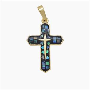 Copper Cross Pendant Pave Abalone Shell 18K Gold Plated, approx 16-22mm