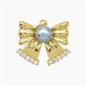 Copper Knotbow Pendant Pave Zirconia Gray Pearlized Resin Gold Plated, approx 8mm, 20-25mm