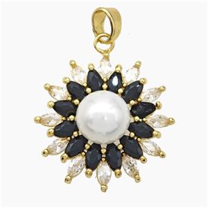Copper Flower Pendant Pave Zirconia White Pearlized Resin Gold Plated, approx 10mm, 28mm dia