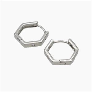 Copper Hexagon Hoop Earrings Micropave Zirconia Platinum Plated, approx 15mm dia