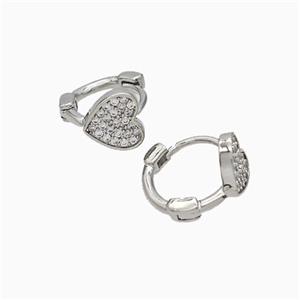 Copper Hoop Earrings Micropave Zirconia Heart Platinum Plated, approx 8mm, 10mm dia