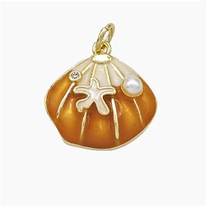 Copper Scallop Shell Pendant Pave Pearlized Resin Brown Painted Gold Plated, approx 15-17mm