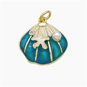 Copper Scallop Shell Pendant Pave Pearlized Resin Teal Painted Gold Plated, approx 15-17mm