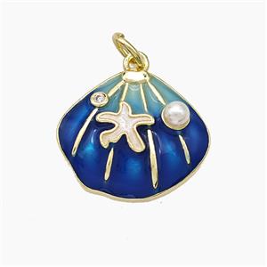 Copper Scallop Shell Pendant Pave Pearlized Resin Blue Painted Gold Plated, approx 15-17mm
