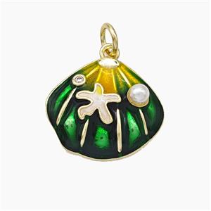 Copper Scallop Shell Pendant Pave Pearlized Resin Green Painted Gold Plated, approx 15-17mm
