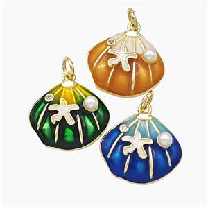Copper Scallop Shell Pendant Pave Pearlized Resin Painted Gold Plated Mixed, approx 15-17mm