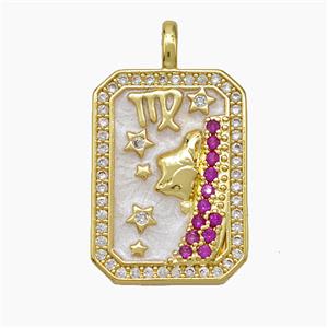 Copper Tarot Card Pendant Pave Zirconia Zodiac Virgo Painted Gold Plated, approx 14-20mm