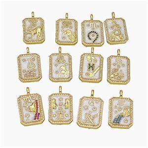 Copper Tarot Card Pendant Pave Zirconia Zodiac Painted Gold Plated Mixed, approx 14-20mm