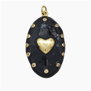 Copper Oval Pendant Black Enamel Heart Gold Plated, approx 21-34mm