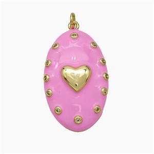 Copper Oval Pendant Pink Enamel Heart Gold Plated, approx 21-34mm