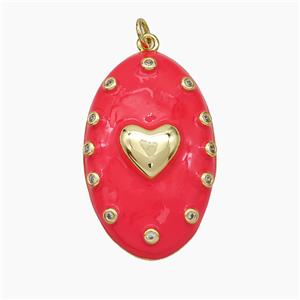 Copper Oval Pendant Red Enamel Heart Gold Plated, approx 21-34mm