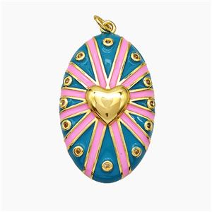 Copper Oval Pendant Teal Enamel Heart Gold Plated, approx 21-34mm