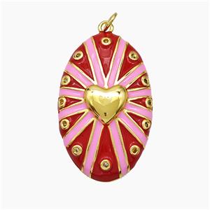 Copper Oval Pendant Pink Red Enamel Heart Gold Plated, approx 21-34mm