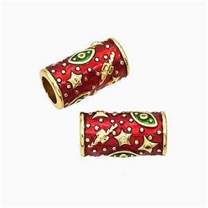 Copper Tube Beads Red Enamel Star Eye Large Hole Gold Plated, approx 10-20mm, 7mm hole