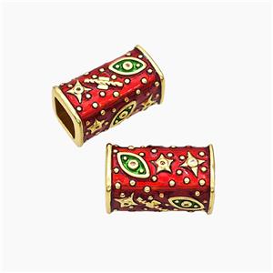 Copper Cuboid Beads Red Enamel Star Eye Large Hole Gold Plated, approx 10-20mm, 7mm hole