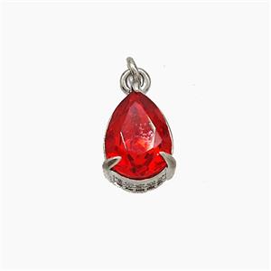 Red Cubic Zirconia Pendant Copper Teardrop Platinum Plated, approx 8-11mm