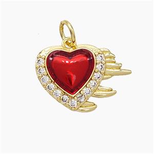 Copper Heart Pendant Pave Zirconia Red Painted Gold Plated, approx 12-17mm