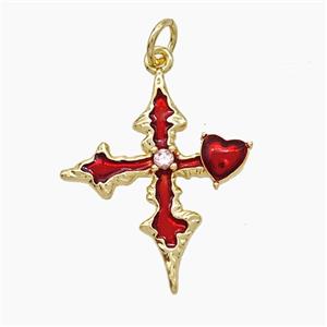 Copper Heart Cross Pendant Pave Zirconia Red Painted Gold Plated, approx 20-23mm