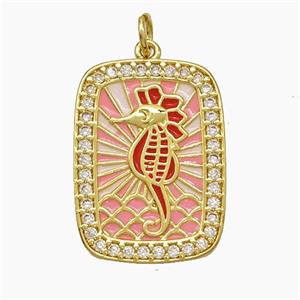 Copper Tarot Card Pendant Pave Zirconia Seahorse Red Enamel Gold Plated, approx 18-24mm