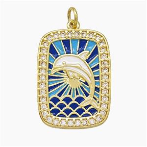 Copper Tarot Card Pendant Pave Zirconia Dolphin Enamel Gold Plated, approx 18-24mm